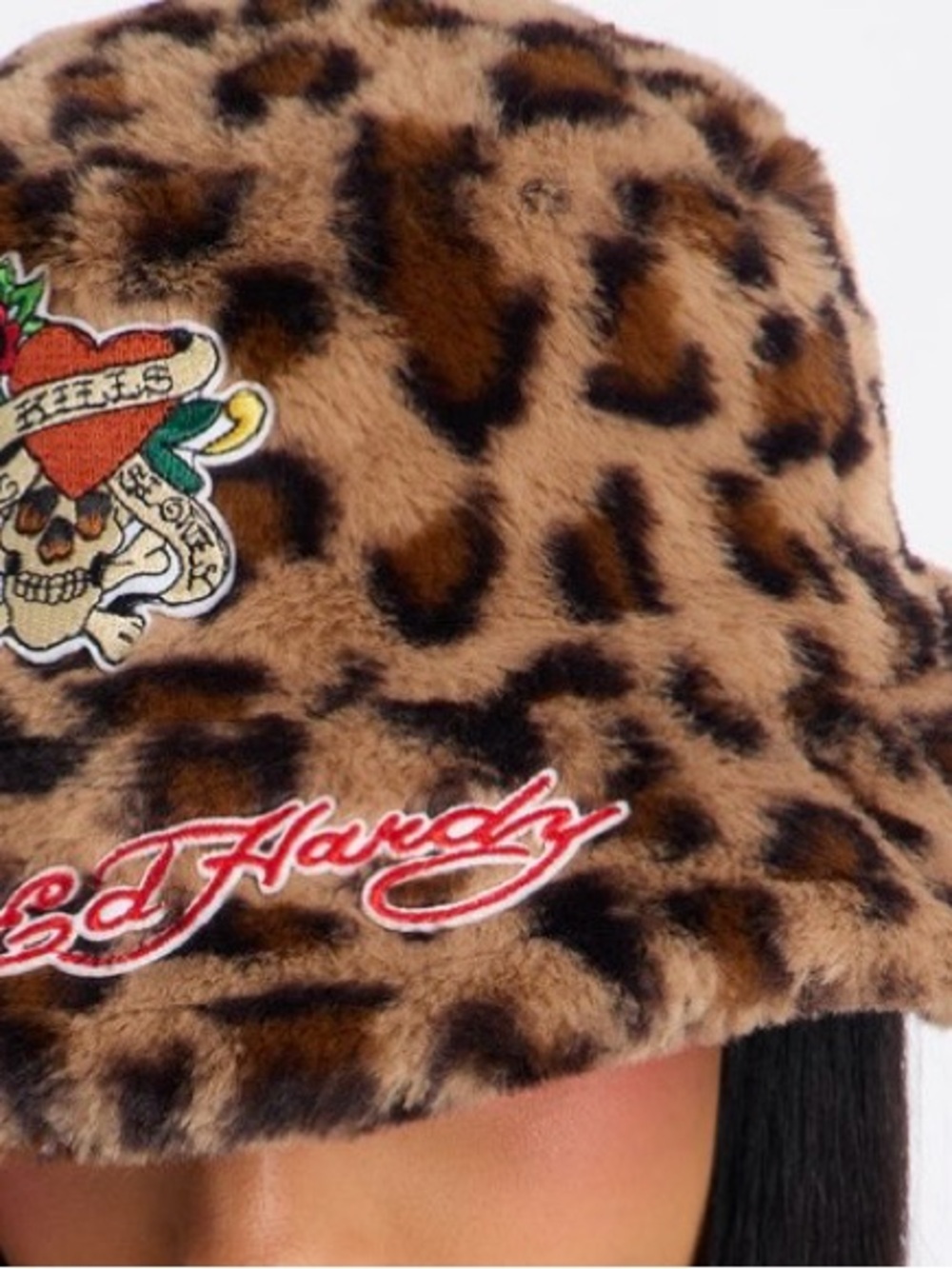 Ed Hardy Leopard Faux Fur Bucket Hat - Tan, Brown & Black